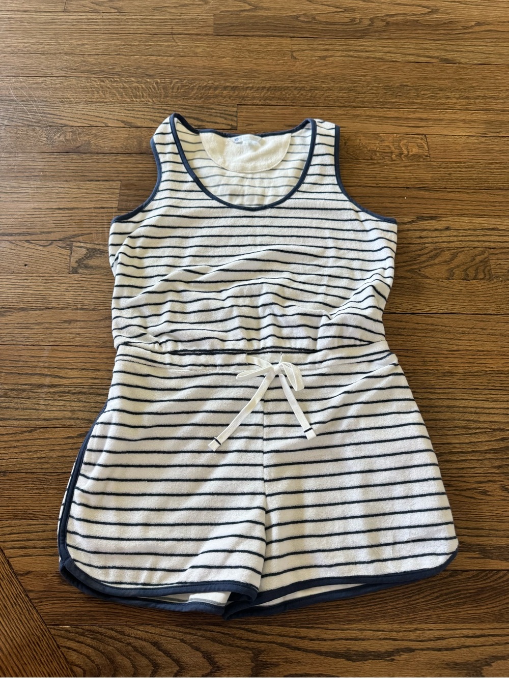 Southern Tide Striped Terry Cloth Tank Romper in White and Navy